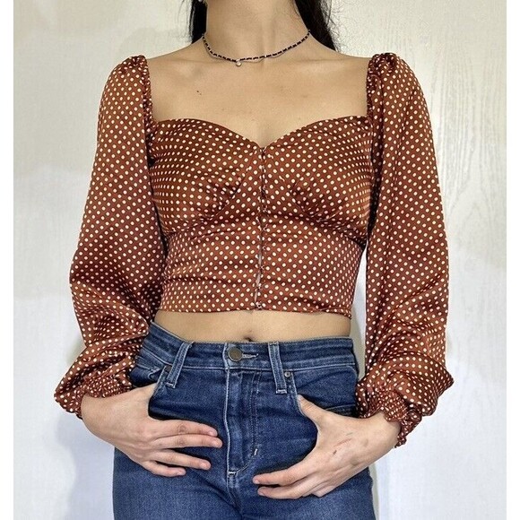Tops - Rust Polka Dot Cropped Blouse Women Size Small Long Sleeve V-Neck Code X Mode